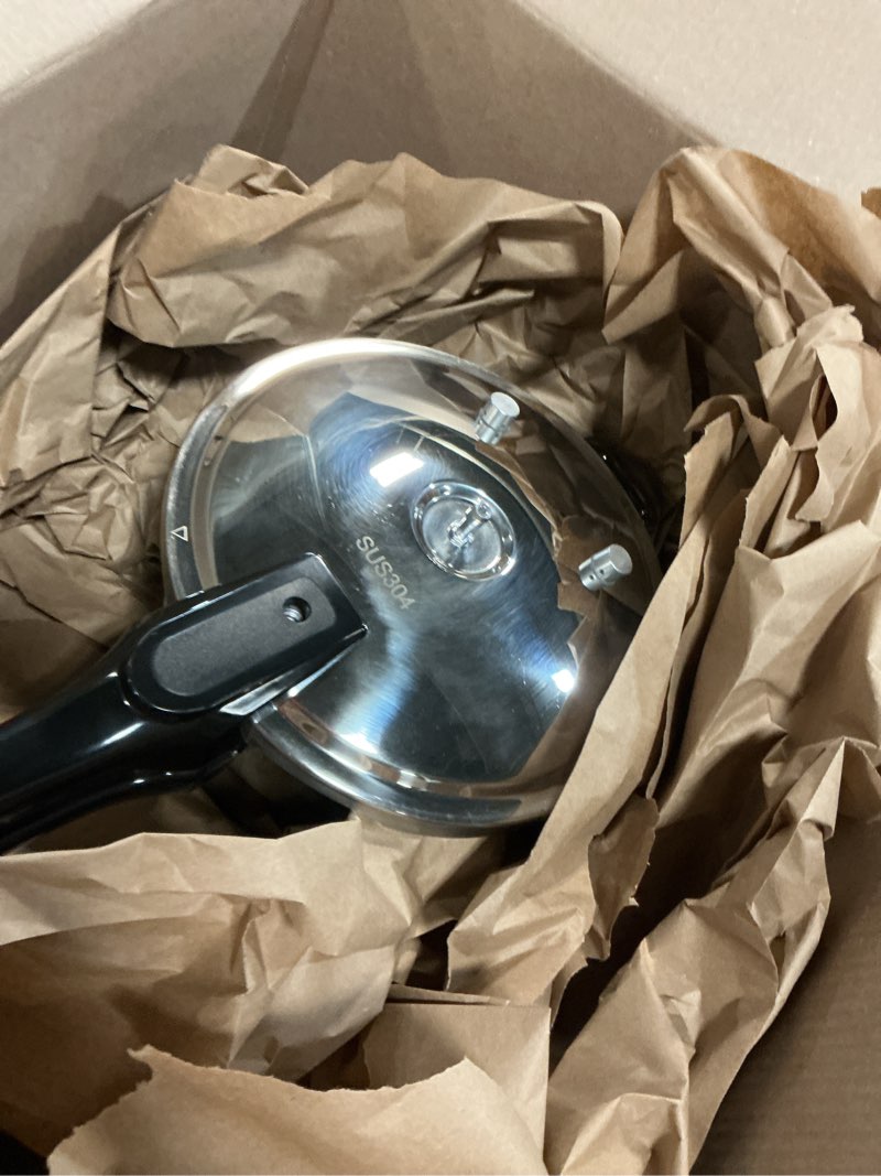 Condition photo showing As Is for prestige 5l alpha deluxe induction base stainless steel deep pressure pan, 5.0-liter, silver