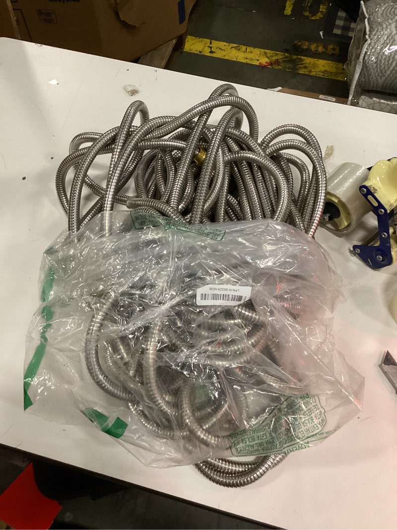 Condition photo showing As Is for rosy earth garden hose 100 ft, heavy duty 304 stainless steel flexible water hose, no-kink, no bite, expandable water hose for yard, rv, car 100ft