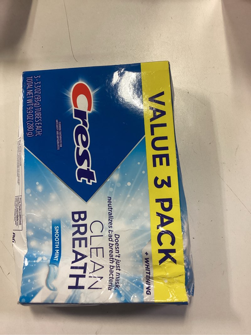 Condition photo showing New/Like New for Crest Toothpaste Clean Breath Smooth Mint 3.3oz Pack of 3 – Neutralizes Bad Breath, Antibacterial Protection, Fights Cavities, Freshens Breath, Gently Whitens