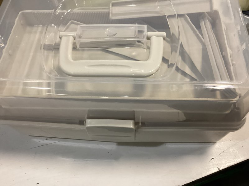 Condition photo showing Good Condition for 12.5in 3-Layer Multipurpose Craft Organizers and Storage with Adjustable Dividers, Portable Tackle Box, Folding Art & Craft Case for Medicine, Tool, Sewing Organizer (White) Large White