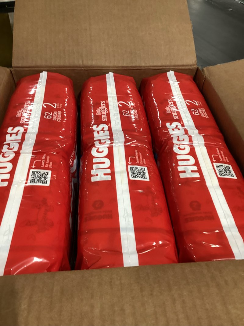 Condition photo showing New/Like New for Huggies Size 2 Diapers, Little Snugglers Baby Diapers, Size 2 (12-18 lbs), 186 Count (3 Packs of 62), Packaging May Vary