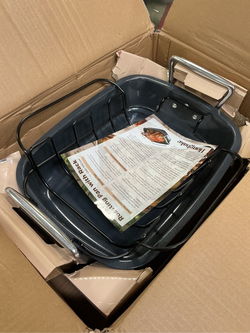 Condition photo showing Good Condition for HONGBAKE Extra Large Turkey Roasting Pan with Rack (U-Shaped), 18.7×13.6 Inch Nonstick Roaster Pan for 25 lb Turkey & Chicken, Deep Turkey Tray for Oven, Wider Handles, 0.8 mm Heavy Duty Steel, Gray