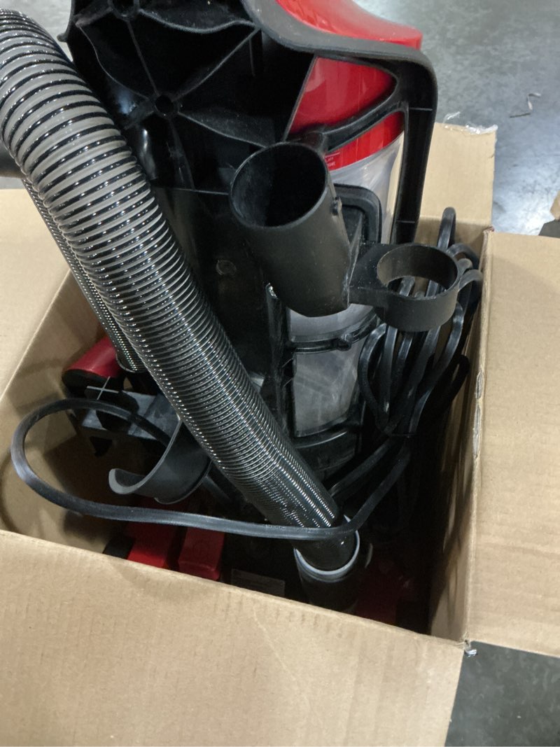 Condition photo showing As Is for dirt devil powermax upright vacuum cleaner, bagless, powerful suction, for hard floor and carpet, extended reach, crevice tool, ud70111v, red