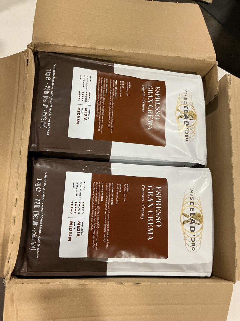 Condition photo showing New/Like New for miscela d'oro gran crema espresso beans, 6/ bags 2.2 lb bags each medium roast