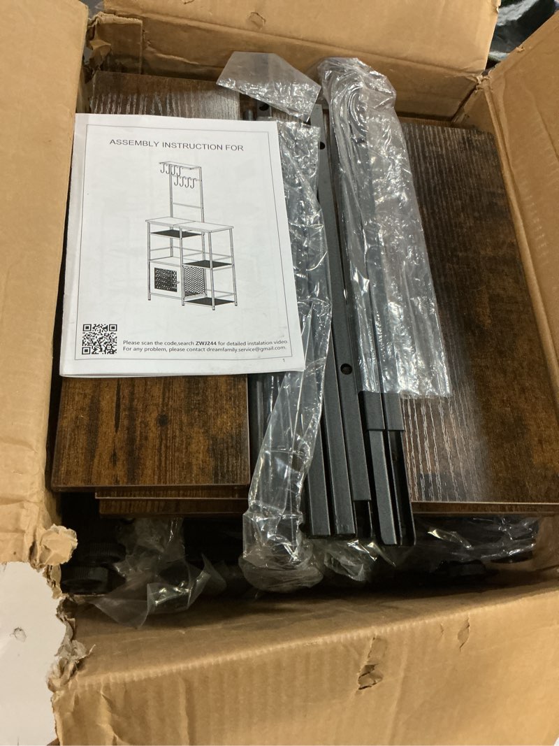Condition photo showing Good Condition for swtymiki bakers rack with storage - coffee bar cabinet organizer with 8 hooks, shelves & cabinet door, coffee station for kitchen dining room, microwave stand with adjustable feet, espresso espresso coffee station with hanging rack