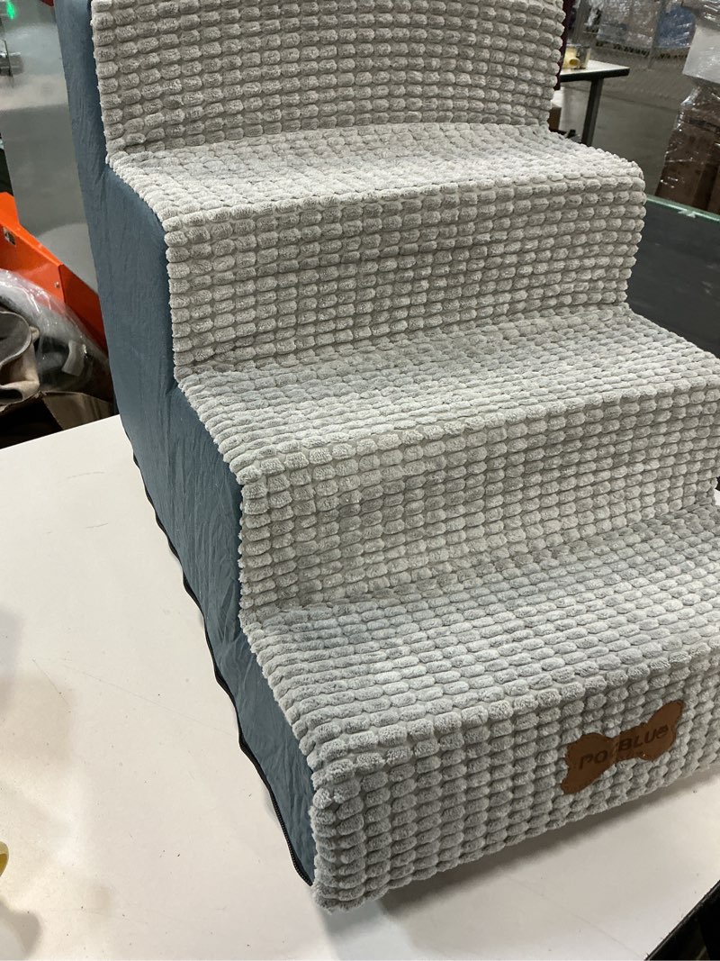 Condition photo showing Good Condition for pocblue dog stairs for bed 17.7" h, 4-step pet steps for high bed or couch, non-slip pet ramp for small dogs and cats indoor with washable cover, grey grey 4 15.7x23.6x17.7in