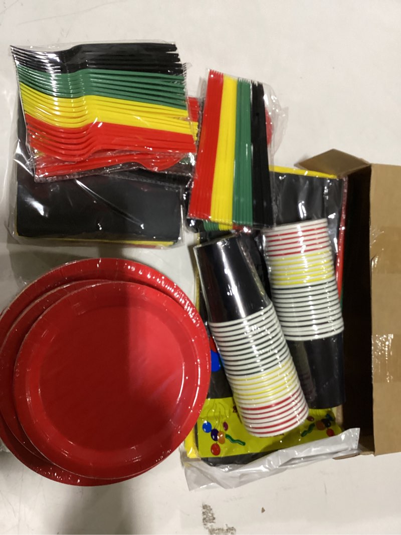 Condition photo showing New/Like New for Havawish 340 Pcs Black History Month Party Supplies Include Black History Month Disposable Paper Plates Napkins Cups Forks Knives Spoons Cutlery Tablecloth for Kwanzaa Afro American, Serves 48 Guests Black Freedom Style