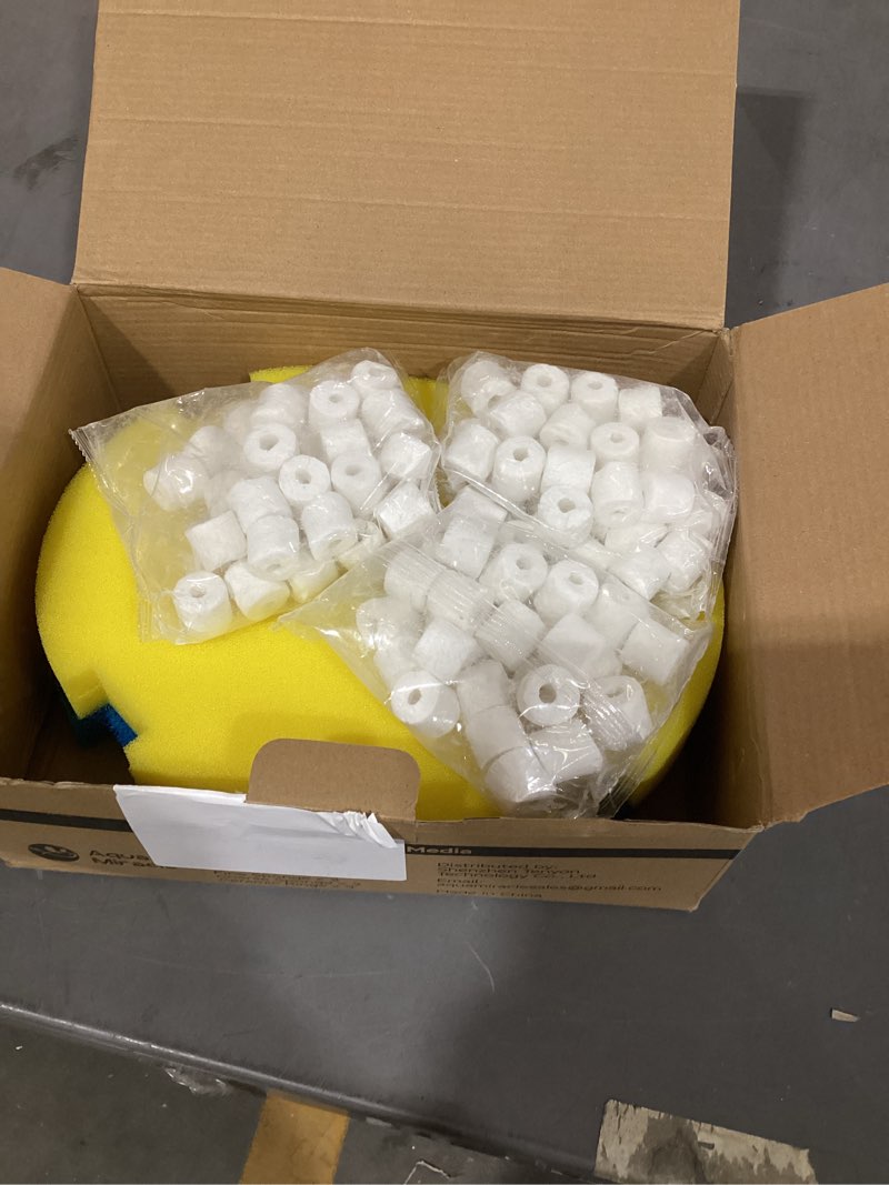 Condition photo showing New/Like New for aquamiracle replacement filter media for pond filter fountain kit, including 2 x coarse sponge, 2 x fine sponge & 3 x ceramic rings, for models mf1500/2000/3000 & hjf1500/2000/3000pf