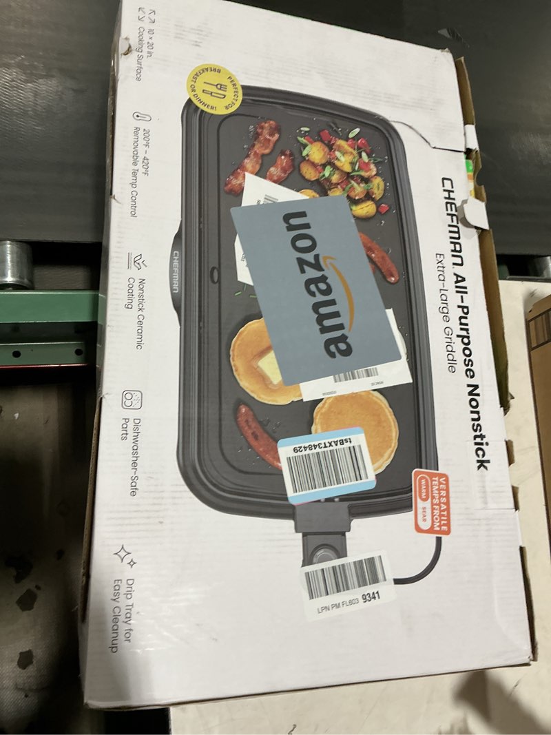 Condition photo showing As Is for Chefman XL Electric Griddle with Removable Temperature Control, Immersible Flat Top Grill, Burger, Eggs, Pancake Griddle, Nonstick Extra Large Cooking Surface, Slide Out Drip Tray, 10 x 20 Inch 10" x 20"