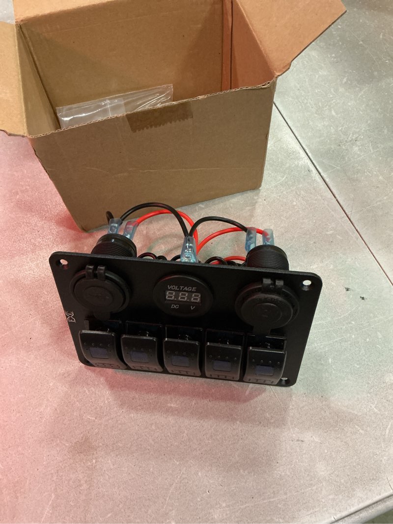 Condition photo showing As Is for fxc waterproof marine boat rocker switch aluminum panel 5 gang with dual usb slot socket 3.1a + volt meter blue led light for car rv vehicles truck (kg0149-5b blue)
