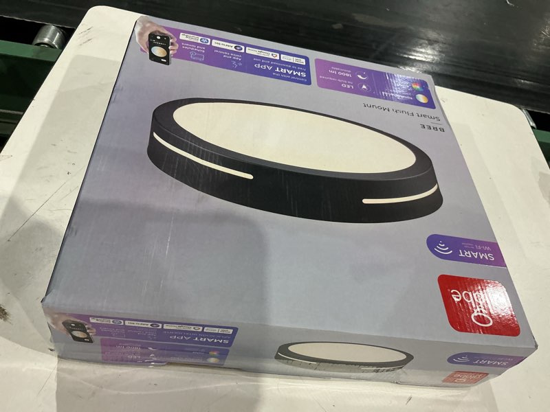 Condition photo showing As Is for  globe electric bree 15-in matte black indoor smart led rgbw flush mount light with plastic shade