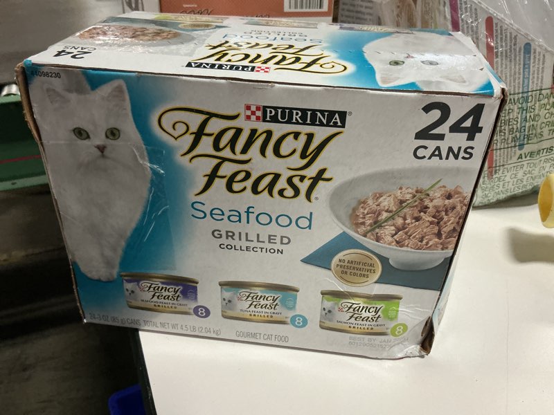Condition photo showing New/Like New for (By Jan-2028)Purina Fancy Feast Grilled Wet Cat Food Seafood Collection in Wet Cat Food Variety Pack - (Pack of 24) 3 oz. Cans