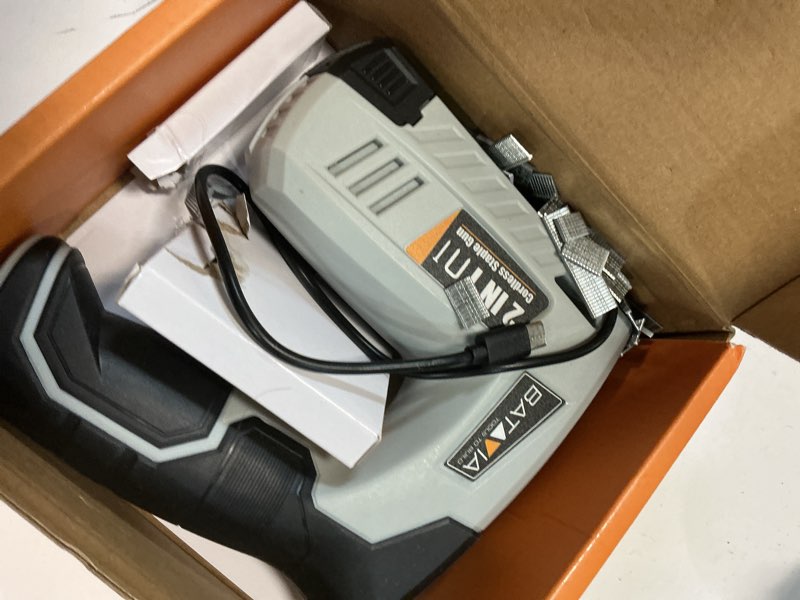 Condition photo showing As Is for batavia electric staple gun, 2-in-1 cordless brad nailer & stapler kit with 2000pcs nails & staples, 4v lithium-ion rechargeable nail gun for upholstery, wood working, diy home projects grey