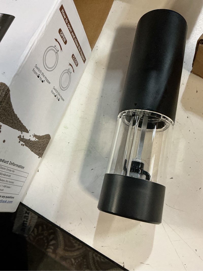 Condition photo showing As Is for electric salt and pepper grinder set automatic battery pepper mill shakers adjustable coarseness upgraded larger capacity with led home and kitchen appliances birthday gifts for women men