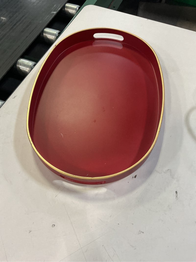 Condition photo showing Good Condition for Spsyrine Red Plastic Serving Tray for Ottoman, Coffee Table, Oval Decorative Tray for Entertaining, Outdoor, Living Room, Home Decor Oval Red 15.5" x 10.6" x 1.4"