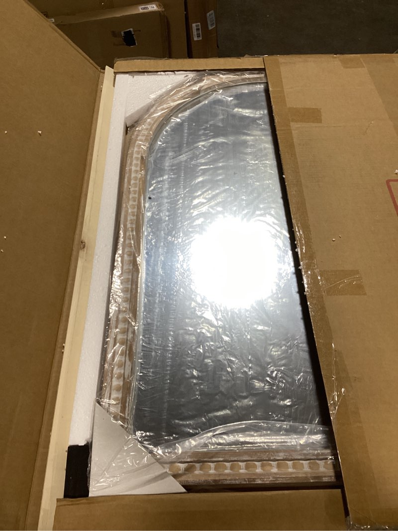 Condition photo showing As Is for Arched Vanity Mirror for Wall, 36"x24" Boho Rustic Farmhouse Mirror with Beaded Wooden Frame, Decorative Wooden Mirror for Bathroom, Living Room, Entryway, or Bedroom Vintage White 36"L x 24"W