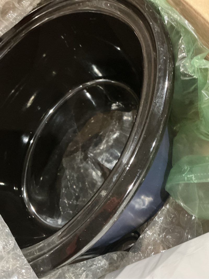 Condition photo showing As Is for gourmia slow cooker - 7 quart removable ceramic pot, manual controls with 3 temperature settings, dishwasher safe crock and glass lid, navy