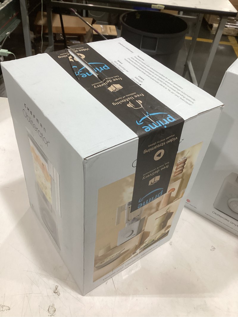 Condition photo showing New/Like New for chefman obliterator 48 oz countertop blender for smoothies, 1380w motor to crush ice, nuts, and frozen fruit with stainless steel blade, auto blend function, includes 20 oz travel jar concrete power blender + 1 travel jar