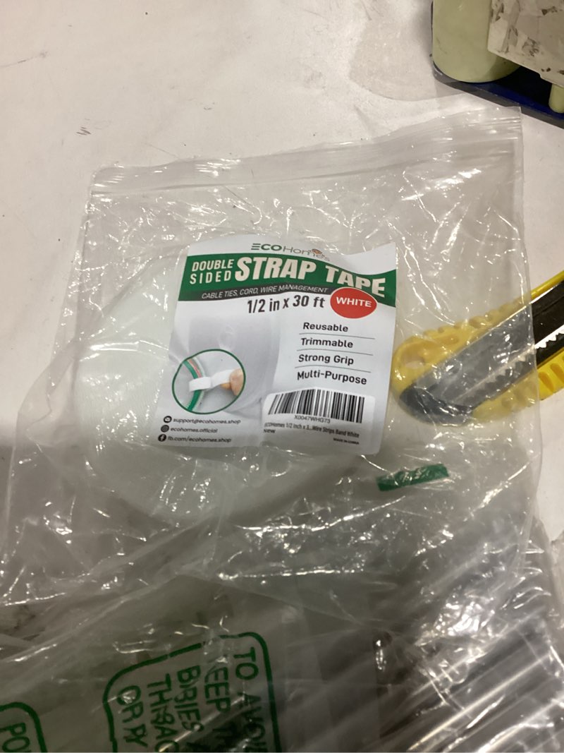 Condition photo showing As Is for ecohomes 1/2 inch x 30 ft double sided hook and loop roll tape | two sides, self stick, no adhesive reusable cable ties wrap for cable management, heavy duty extender straps long wire strips white 1/2 in x 30 ft white