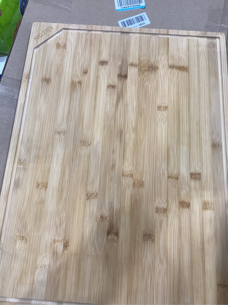 Condition photo showing Good Condition for 24\" Bamboo Cutting Boards for Kitchen, Extra Large Wood Cutting Board with Deep Juice Groove and Handle Heavy Duty Chopping board, Kikcoin, 24\" x 18\" 24\"L x 18\"W