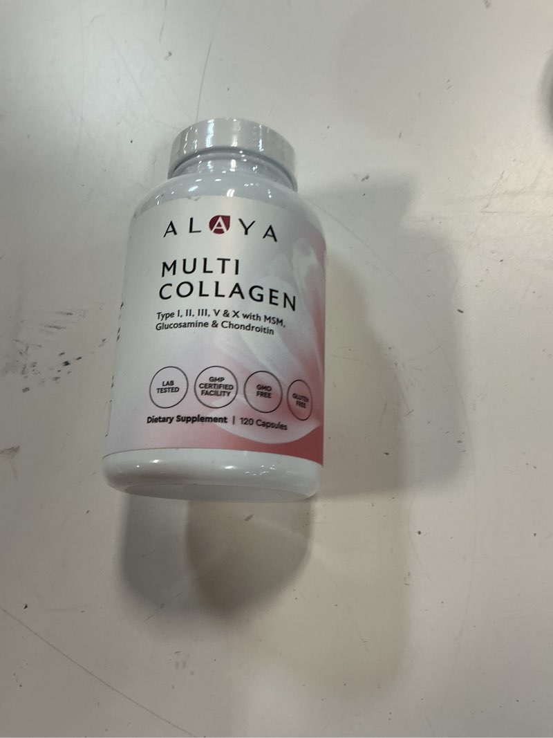 Condition photo showing New/Like New for (exp 08/2027)alaya naturals hydrolyzed multi collagen peptides protein capsules - type i, ii, iii, v, x grass-fed bovine, chicken, marine collagen supplement with msm + gc (capsules - 120 count)