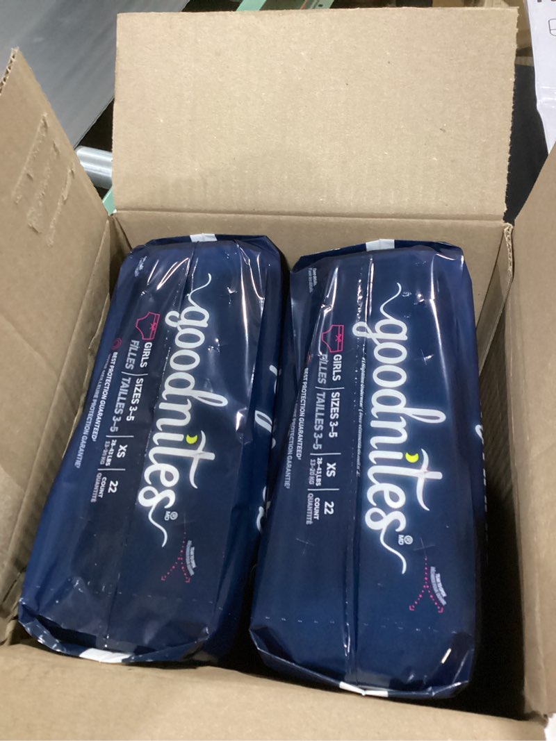 Condition photo showing New/Like New for goodnites girls' nighttime bedwetting underwear, size extra small (28-43 lbs), 44 ct (2 packs of 22), packaging may vary x-small 44