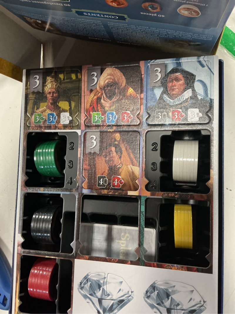 Condition photo showing Good Condition for asmodee splendor board game - gem trading & engine-building strategy for adults & families, adult board games, family fun for adults, 2-4 players ages 10+, 30 minute playtime | build a gem empire, recruit noble patrons, and earn prestige through strategic card drafting. ages 10+, 2-4 players, 30 min. original