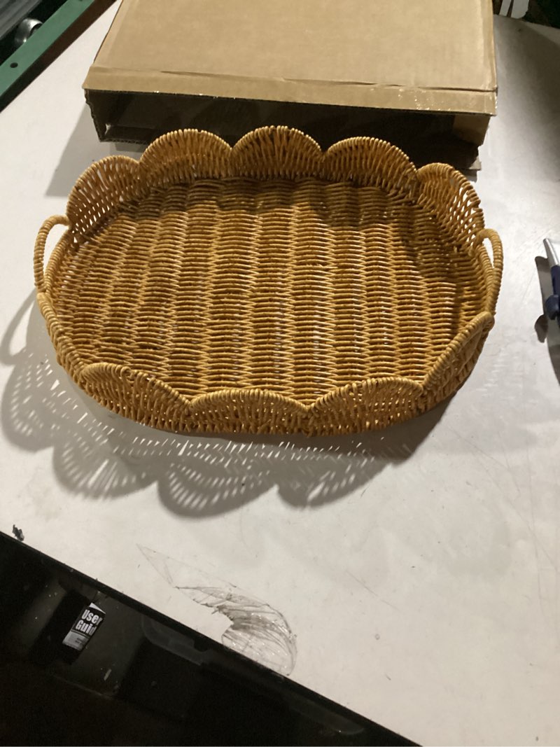 Condition photo showing Good Condition for 14" Round Scalloped Rattan Tray | Handwoven Decorative Tray with Handles for Coffee Table, Ottoman, Bathroom Vanity, Kitchen & Tea Serving – Boho Farmhouse Home Décor & Organization