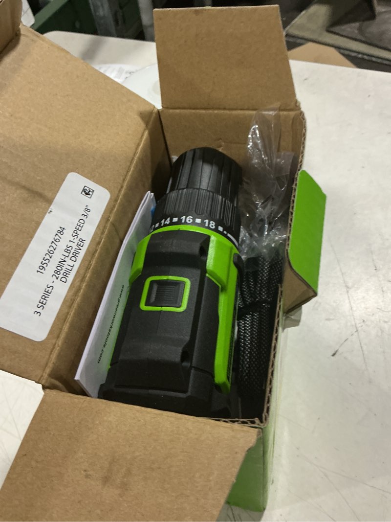 Condition photo showing As Is for greenworks powerall 24v brushless 3/8" 280 in-lb drill with 2ah usb-c battery, 30w charger and cable, dd330a1