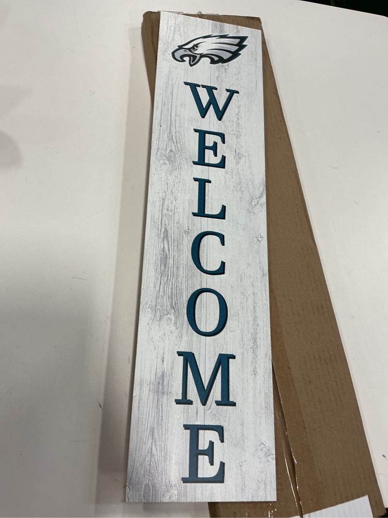 Welcome sign for front porch made of real rustic recycled wood, 5 feet high, wooden barn style top fixer (white/blue green)