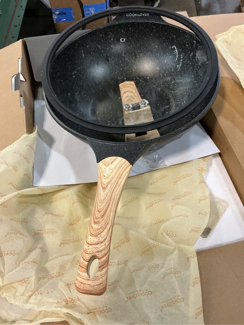 Condition photo showing Good Condition for COOKLOVER Nonstick Woks And Stir Fry Pans Die-cast Aluminum Scratch Resistant 100% PFOA Free Induction Wok pan with Lid 12.6 Inch - Black Marble Black 12.6inch