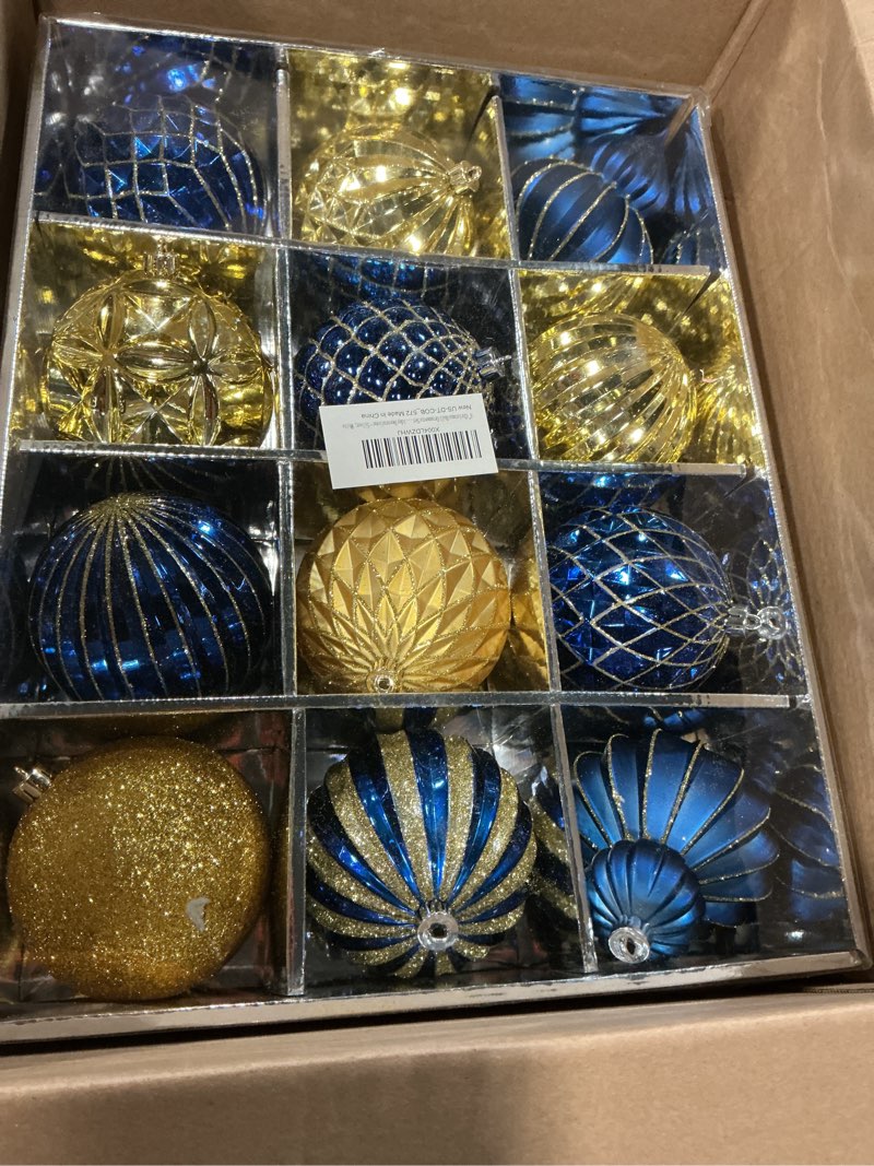 Condition photo showing New/Like New for 4" Christmas Ball Ornaments Set 12PCS Large Shatterproof Plastic Ornaments Christmas Tree Ball Hanging Ornaments for Xmas Tree Wedding Party Holiday Decorations - Navy Blue, Gold