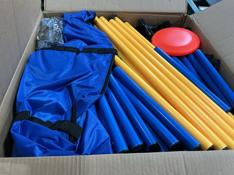 Condition photo showing Good Condition for dog agility course backyard set - complete 11-piece dog agility equipment with adjustable hurdles, jump ring, weave poles, collapsible tunnel, pause box, ball for indoor/outdoor training 11 pc set +1 tunnel