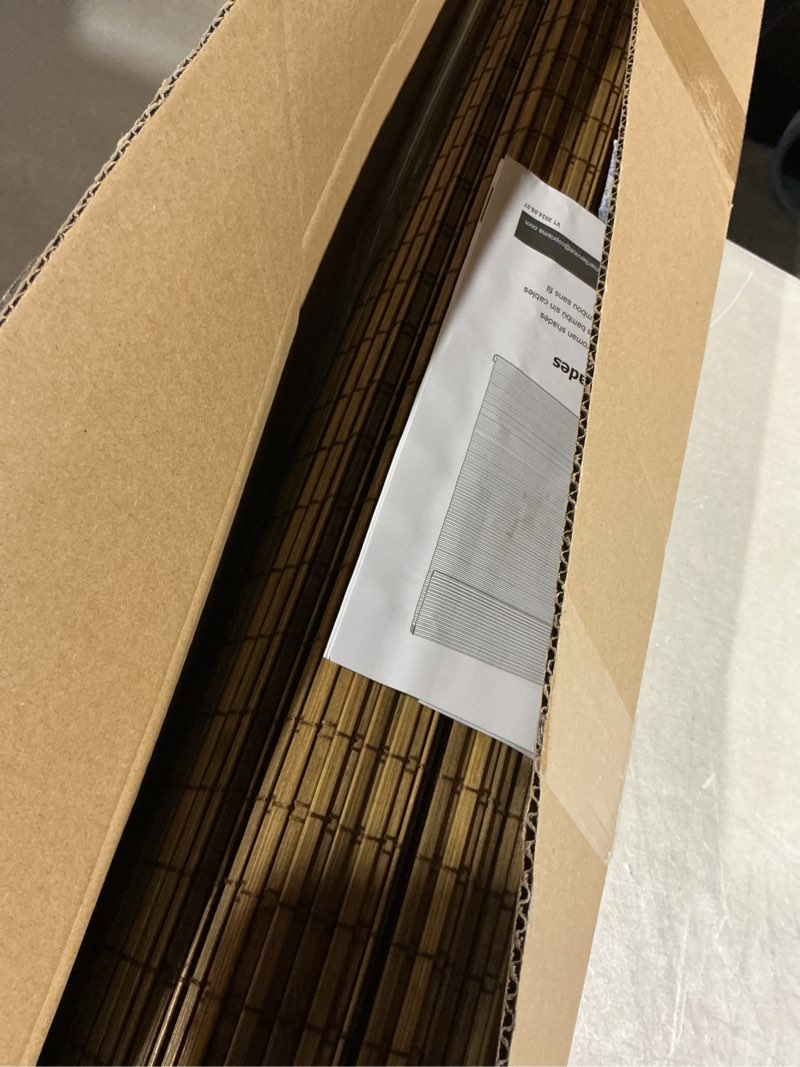 Condition photo showing As Is for lazblinds cordless bamboo roman shades, privacy blinds for interior windows, room darkening roll up bamboo blinds for home & patio, 34.5" w x 48" h, highfield teak pricacy - highfield teak 34 1/2" w x 48" h