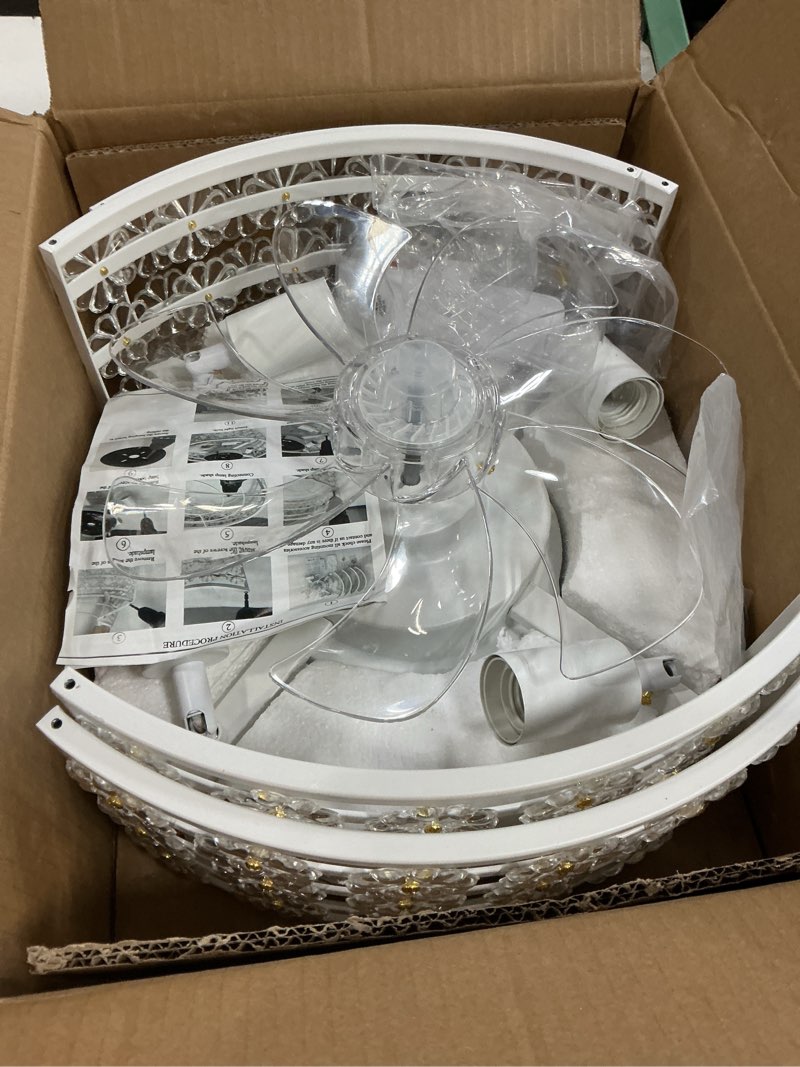 Condition photo showing New/Like New for white caged ceiling fan with light and remote, modern flower crystal ceiling fans with lights, flush mount low profile fandelier, 6-speed reversible for bedroom, living room, dining room, girls room