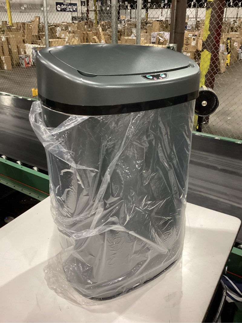 Condition photo showing New/Like New for sensorcan 13 gallon automatic sensor trash can with lid, ac adapter included, absorbx odor control, gunmetal gray stainless steel kitchen garbage bin, fingerprint-proof, hands-free operation, oval matte gunmetal gray