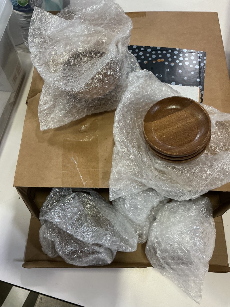 Condition photo showing Good Condition for hushee 12 sets acacia mini cake stand with dome cover, 3.5" glass dessert domes with wooden base dessert display tray for chocolate candy cupcake pastries snacks birthday wedding party table decor