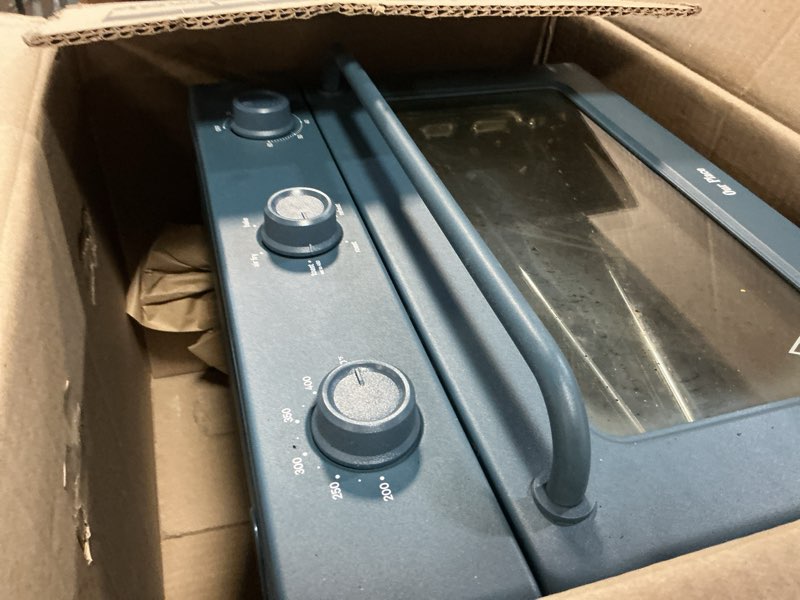 Condition photo showing As Is for our place large wonder oven | 6-in-1 stainless steel air fryer toaster oven combo with basket, rack, pan & tray | 3-rack, 32 qt, large capacity - toast, roast, bake, reheat, broil & steam | blue salt 31.7 quarts blue salt