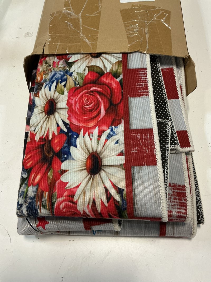 Condition photo showing As Is for 250th anniversary kitchen rugs, 4th of july patriotic kitchen mats | set of 3, non-slip, independence day carpet rug, memorial day holiday indoor outdoor home decorations, 17x29 and 17x47 inch multi color 250th anniversary a
