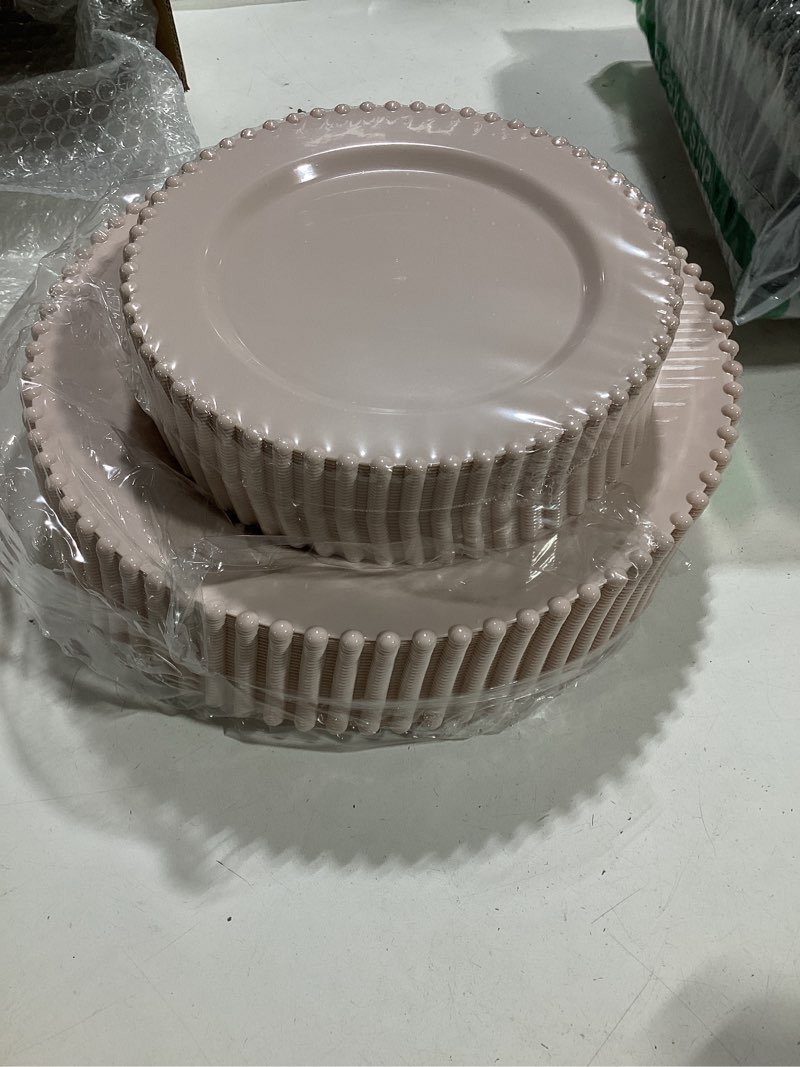 Condition photo showing Good Condition for u-qe 60pcs pink plastic plates - heavy duty beaded pink disposable plates for mothers day, party, baby shower, wedding - serving 30 guests include 30pcs 10inch dinner plate & 30pcs 7inch dessert plate