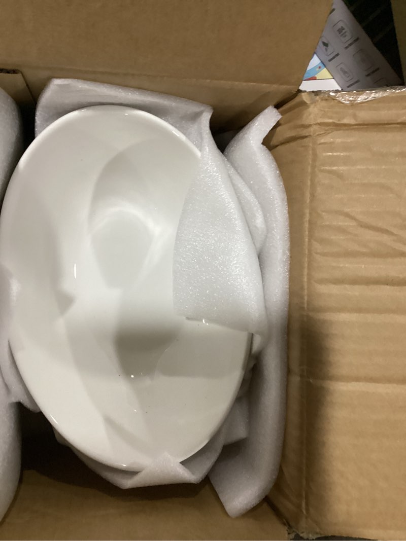 Condition photo showing As Is for dowan 9.25" serving bowls, large oval serving dishes for wedding and dinner parties, 35 oz for salad, side dishes, pasta, oval shape, microwave & dishwasher safe, set of 4, soft white 9.25'' oval - 4 set