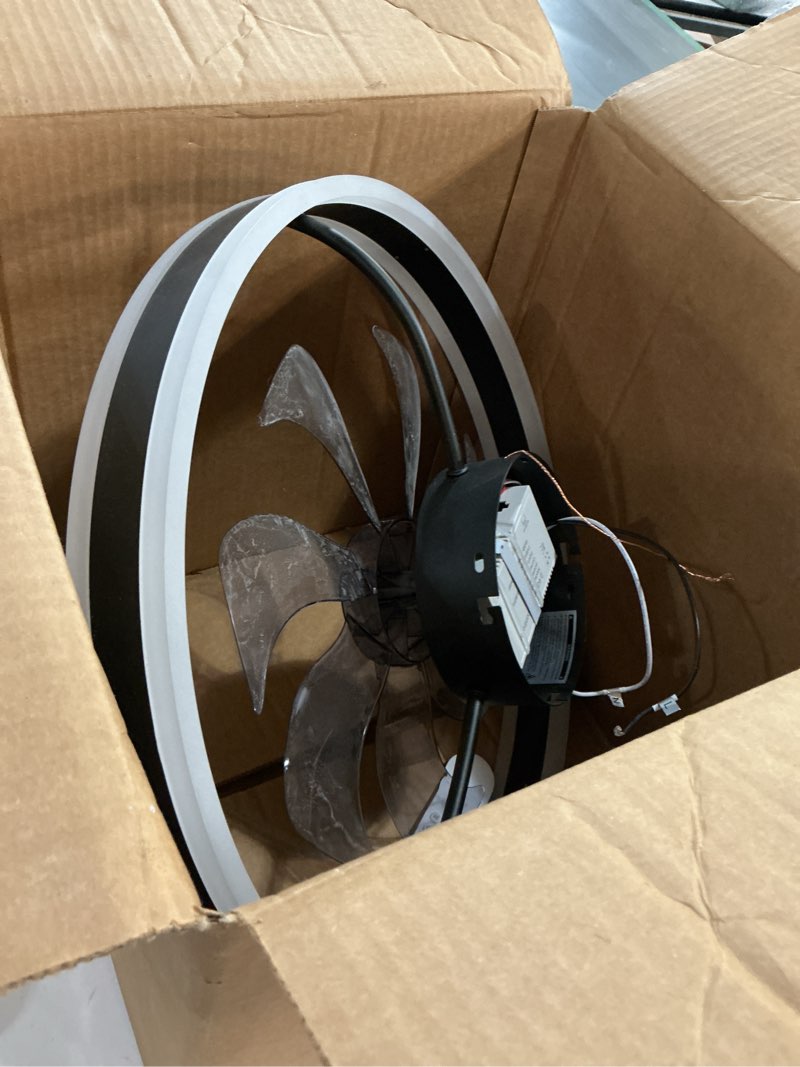 Condition photo showing As Is for rgb ceiling fans with lights, 20" fandelier low profile ceiling fan with light, modern flush mount ceiling fan light with remote/app control, bedroom chandelier fan fixture for indoor(black) rgb black 20 inch