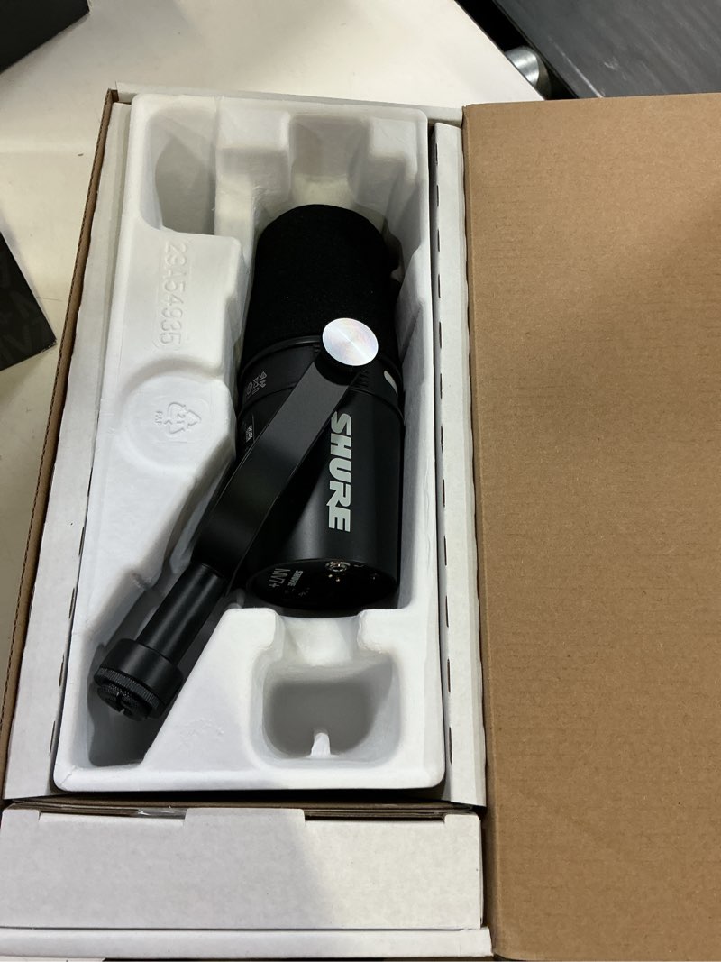 Condition photo showing Good Condition for shure mv7+ podcast dynamic microphone with stand. obs certified, enhanced audio, led touch panel, usb-c & xlr outputs, auto level mode, digital pop filter, podcasting, streaming, recording - black