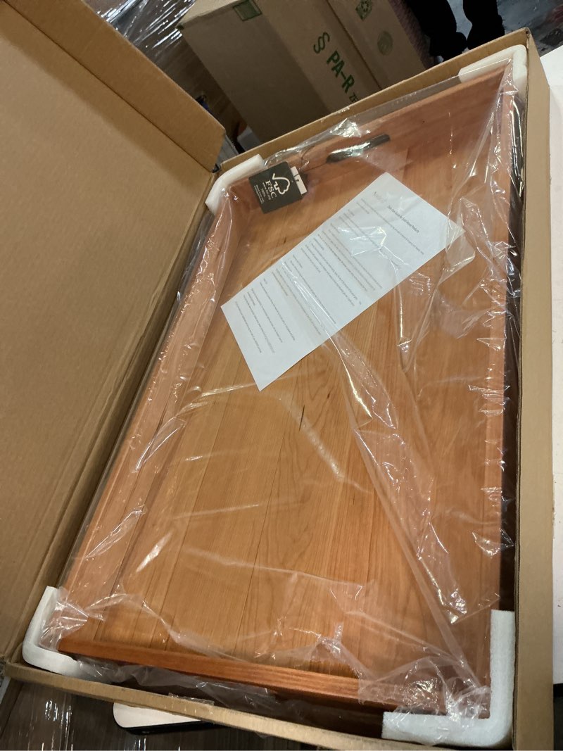 Condition photo showing New/Like New for 28 x 18 inches extra large rectangle cherry wood ottoman tray with handles, serve tea, coffee or breakfast in bed, classic wooden decorative serving tray