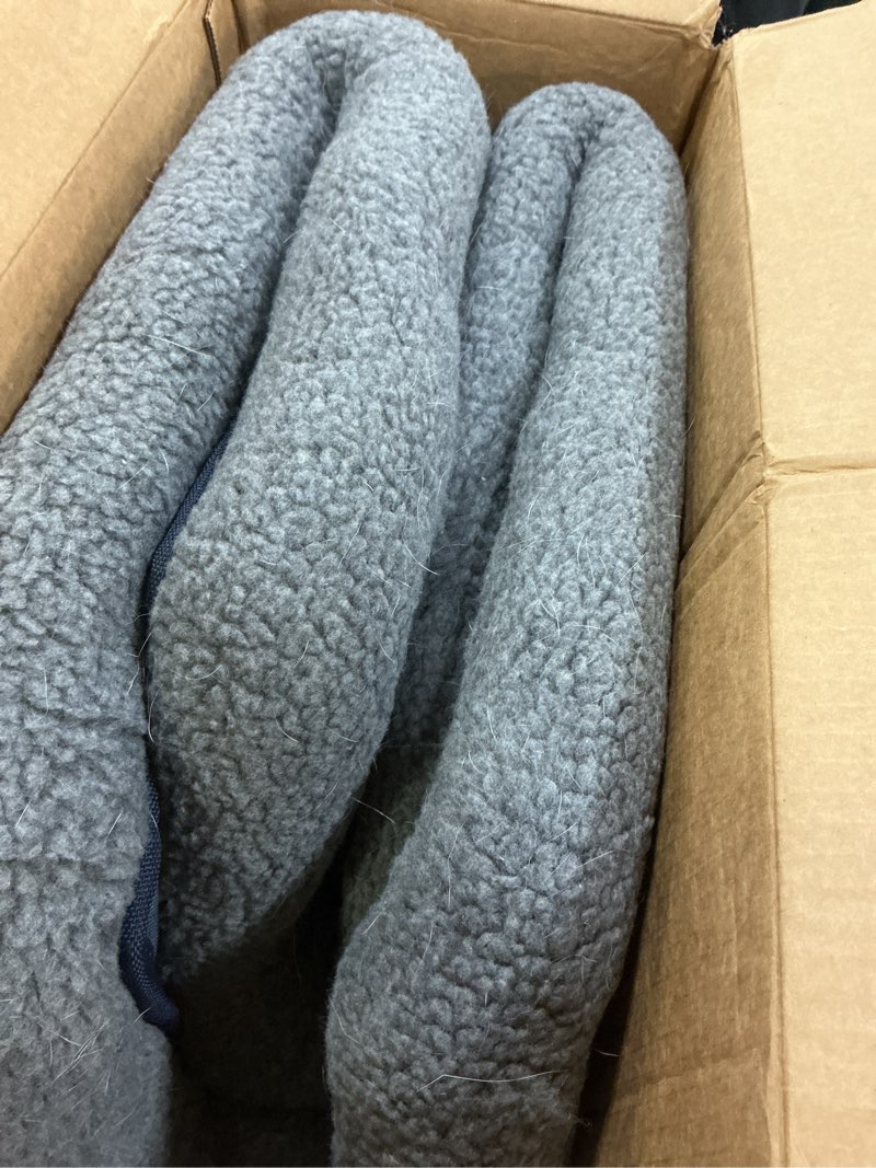 Condition photo showing As Is for Furhaven Dog Bed for Medium/Small Dogs & Indoor Cats, 100% Washable, Sized to Fit Crates - Sherpa Fleece Bolster Crate Pad - Gray, Medium Medium Gray