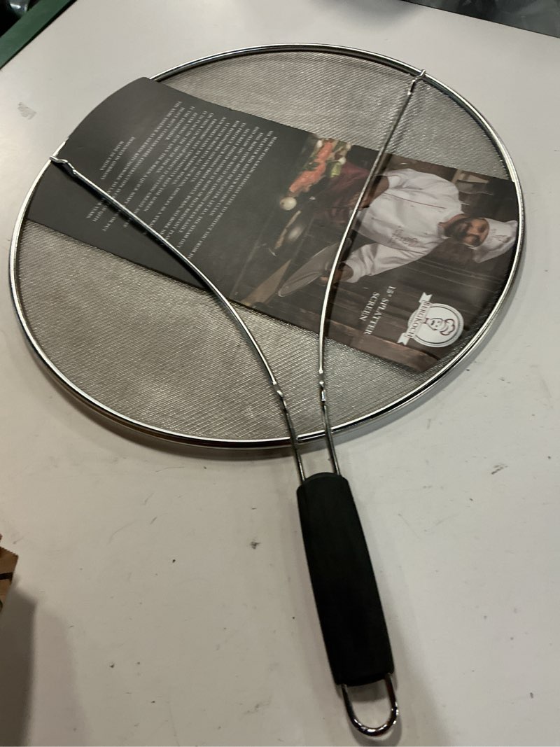 Condition photo showing Good Condition for splatter screen for cooking, perforated stainless steel,13 inch stainless steel grease splatter guard, comfortable grip, shield from splashing oil silver