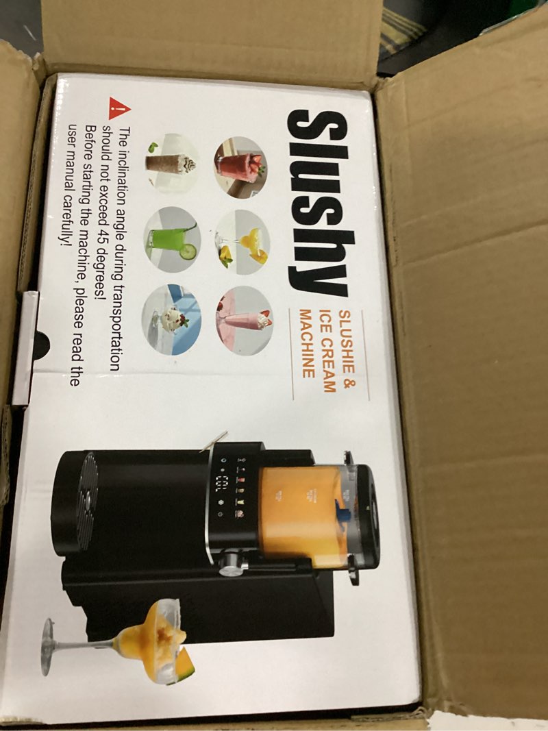 Condition photo showing New/Like New for slushie machine, ice cream maker, slushy machine for home and families, no ice needed with rapid chill & temperature control, multi-function for margarita, frappé, easy to clean, black