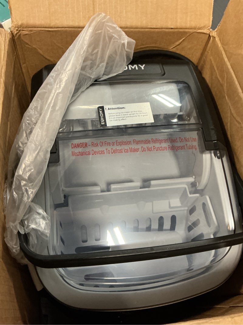 Condition photo showing As Is for euhomy ice maker countertop, 9 cubes ready in 6 mins, 26lbs/24h, self-cleaning, portable ice maker machine with carry handle, basket and scoop, 2 sizes of bullet ice for home, kitchen, office