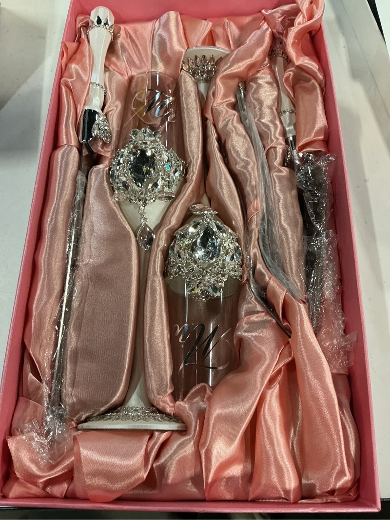 Condition photo showing New/Like New for Wedding Cake Knife and Server Set, Luxury Handcrafted Crystal Champagne Flutes with Silver Petal Rhinestones and Pendant, Cake Cutting Set for Wedding, Engagement Gifts for Couples, Gift-ready Box