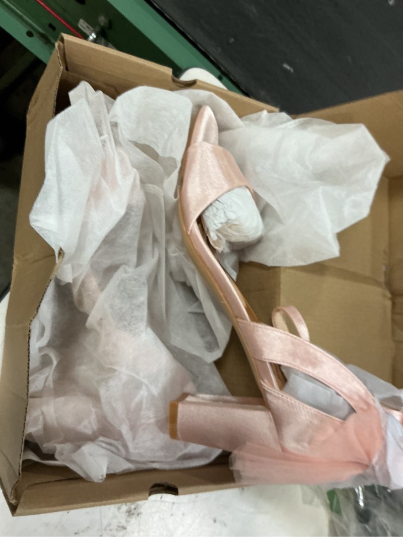 Condition photo showing New/Like New for coutgo women's bow tie heeled sandals chunky heels one strap satin ankle buckle dress wedding shoes 9 pink